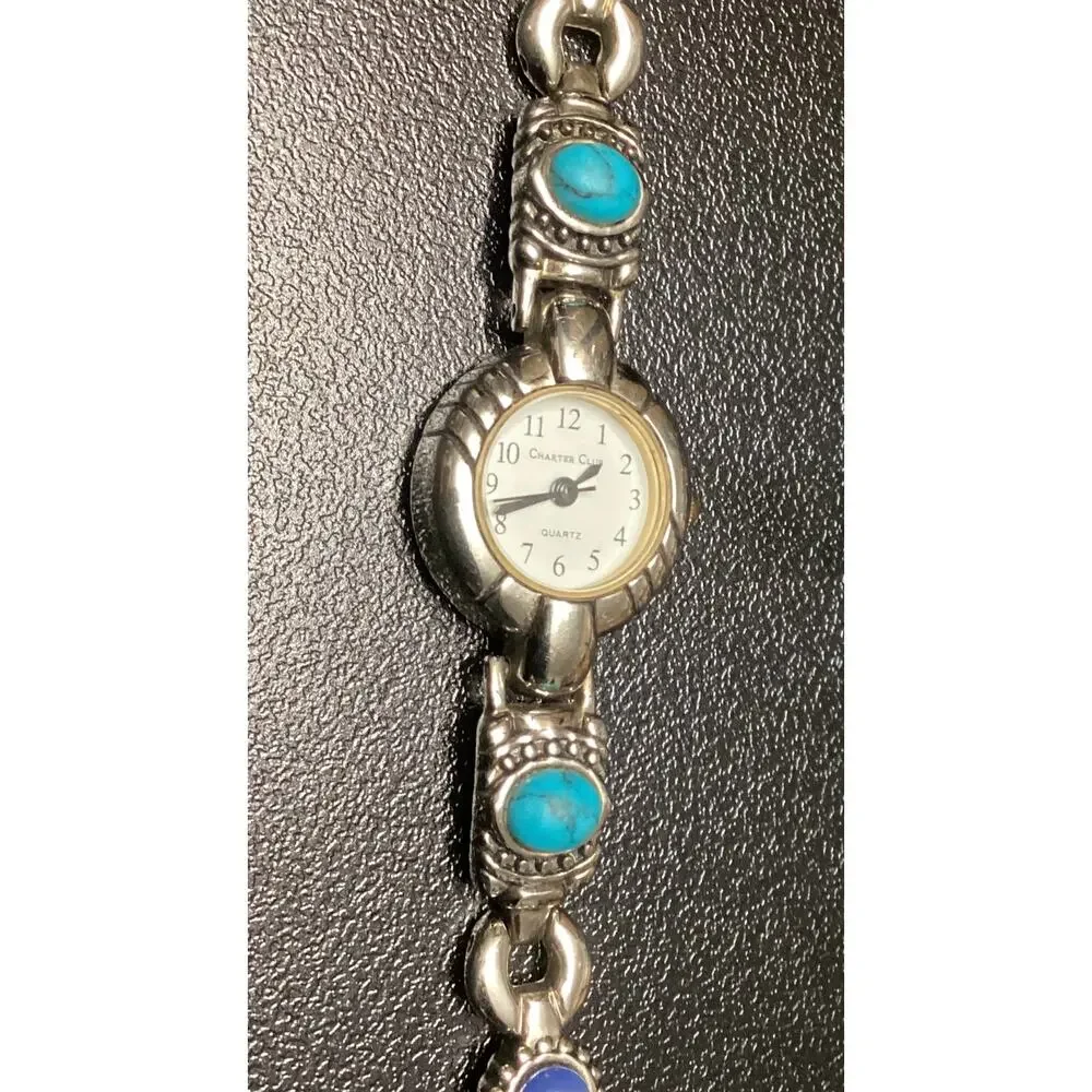 Charter Club Silver-Tone Multi-Stone Bracelet Watch Quartz Colorful Cabochons - Picture 2 of 4